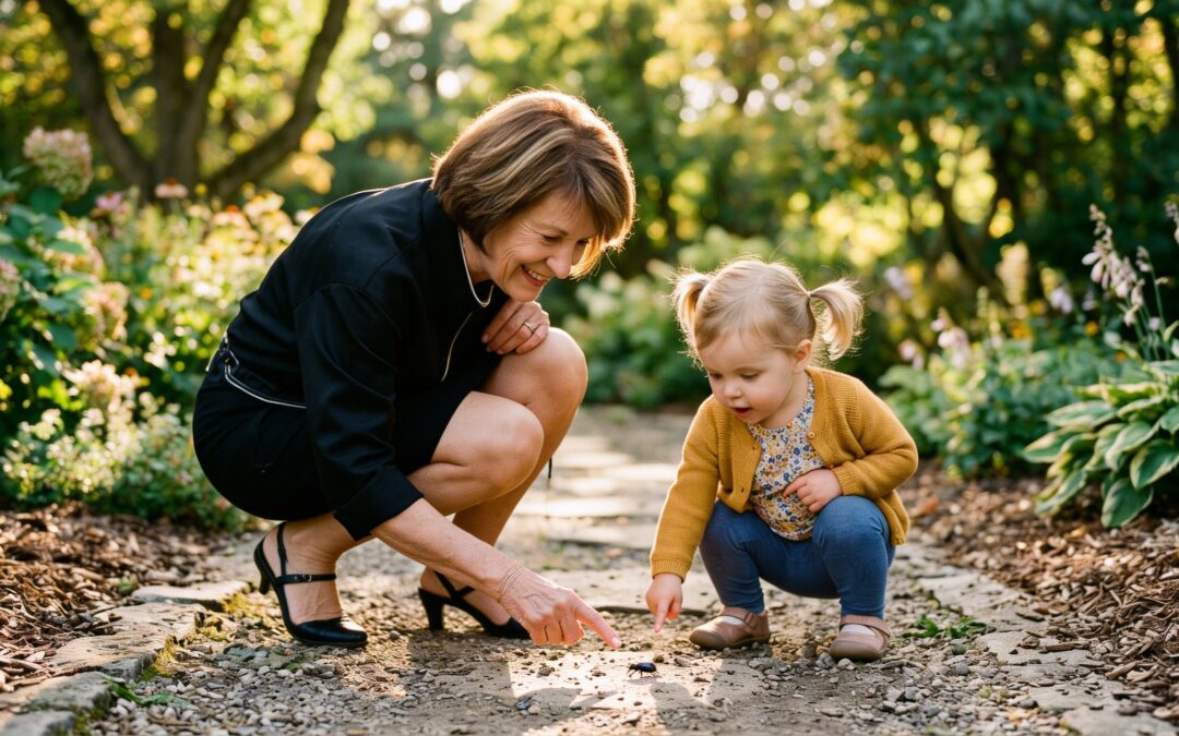 Grandmother looking at insect with granddaughter
